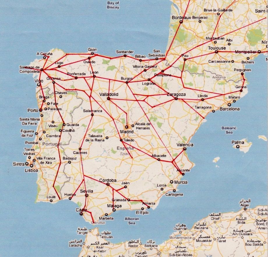 Noen av pilegrimsveiene i Spania

